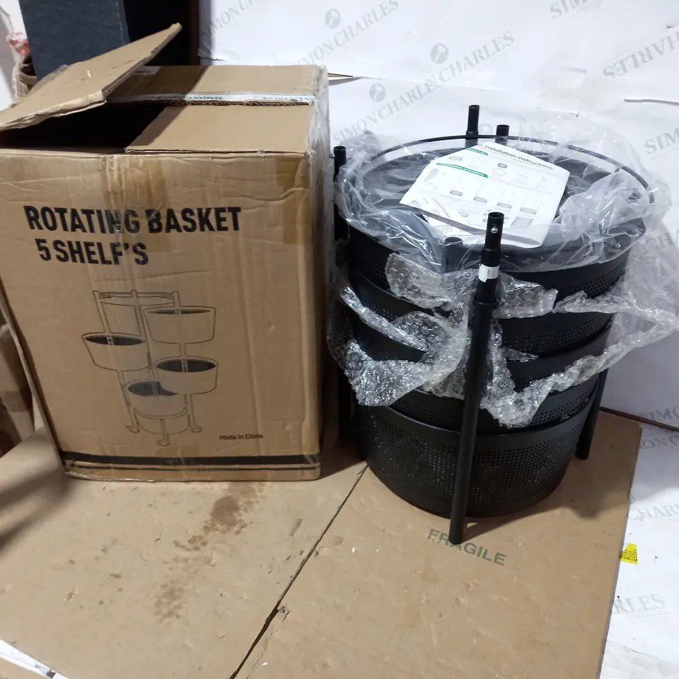 BOXED DESIGNER ROTATING 5 TIERED WHEELED BASKET STORAGE UNIT