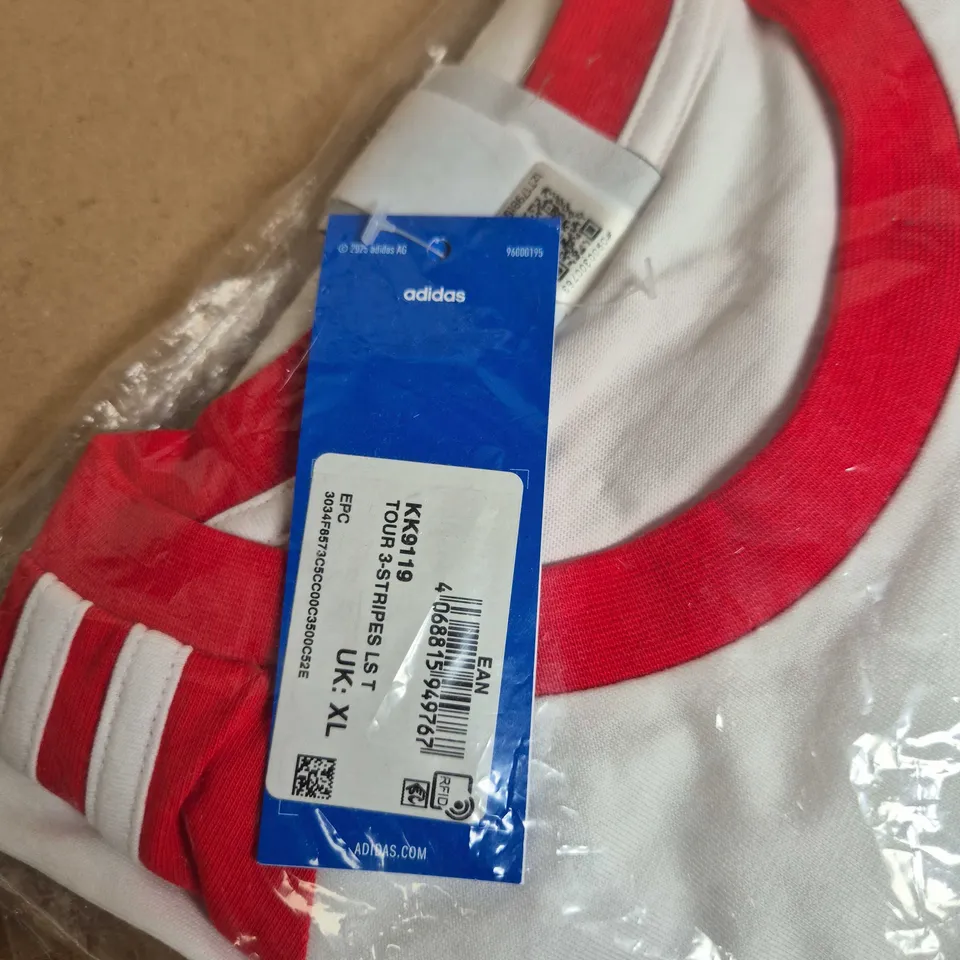 ADIDAS TOUR 3 STRIPES LS TEE – WHITE WITH RED TRIM, UK XL