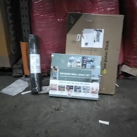 PALLET OF ASSORTED HOUSEHOLD GOODS AND PRODUCTS TO INCLUDE;WOODEN WALL SHELF SET,COMPUTER DESK,CHAIR MAT