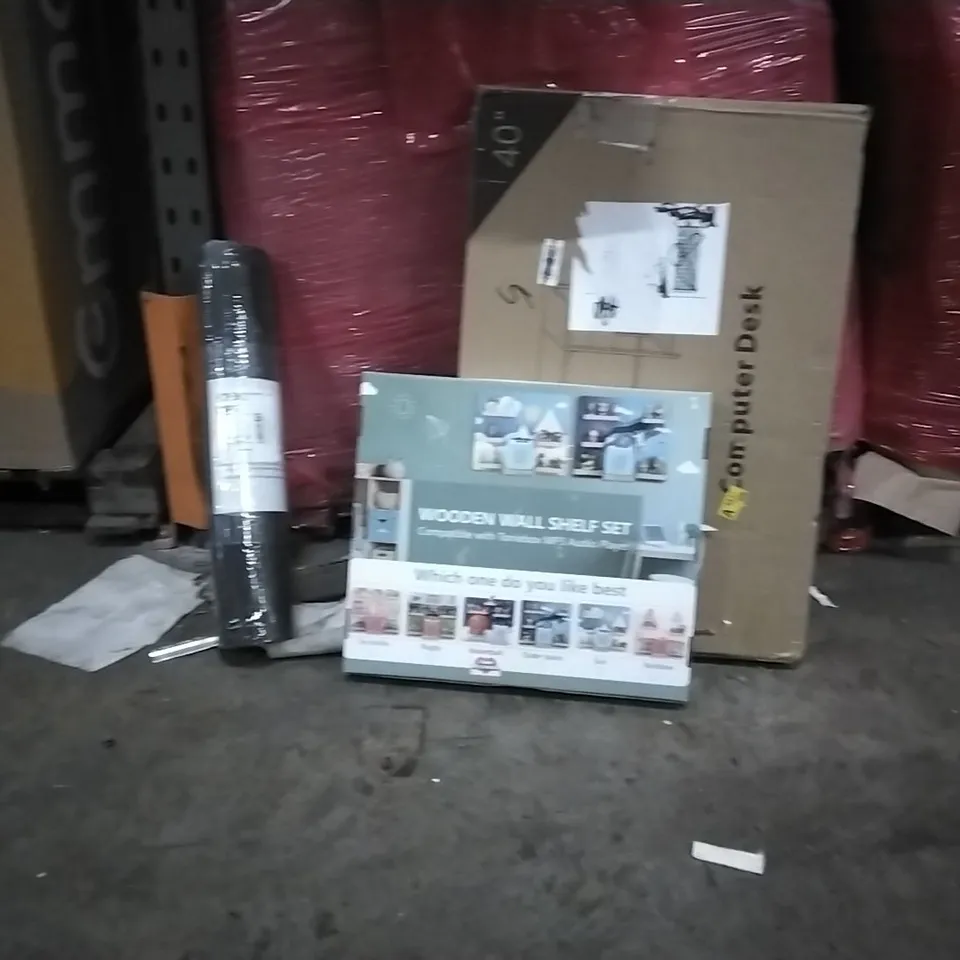 PALLET OF ASSORTED HOUSEHOLD GOODS AND PRODUCTS TO INCLUDE;WOODEN WALL SHELF SET,COMPUTER DESK,CHAIR MAT