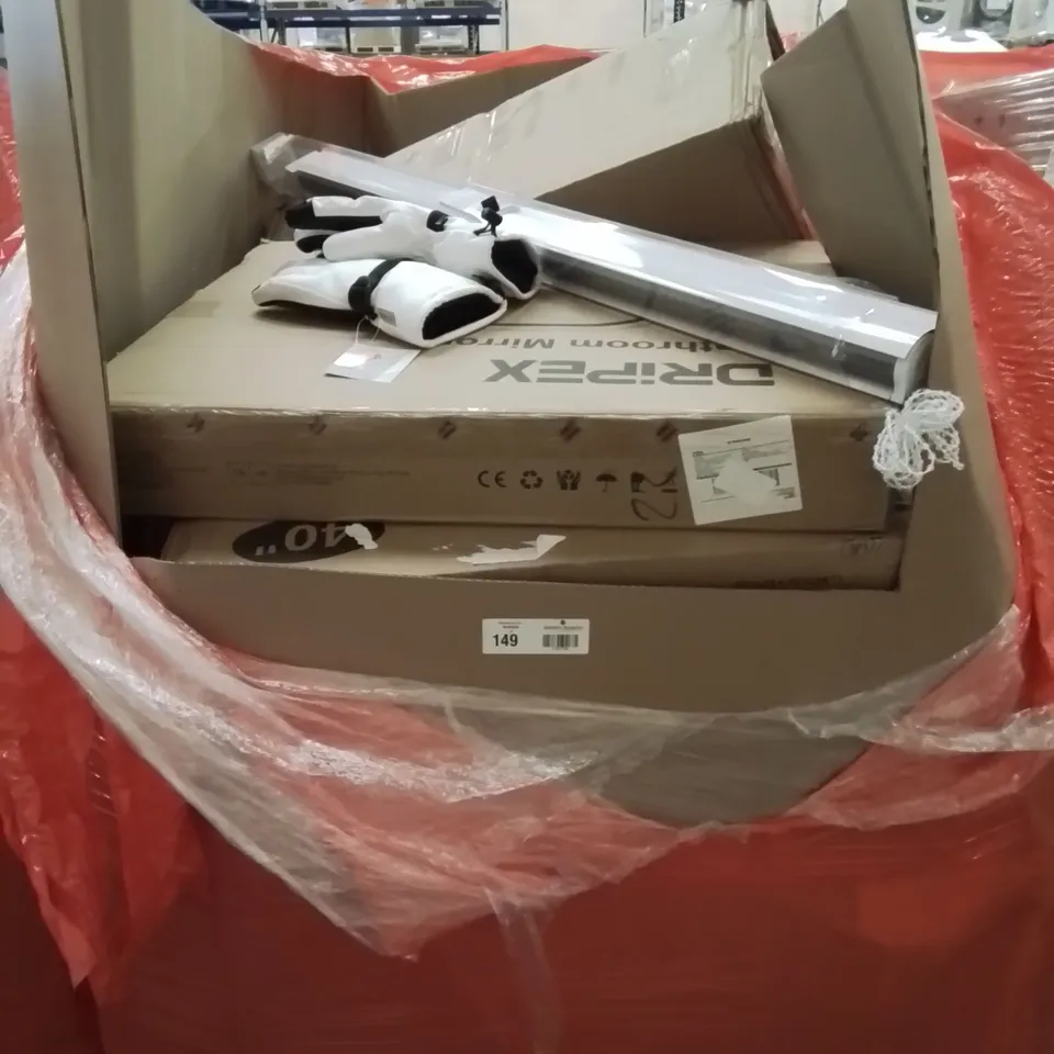 PALLET OF ASSORTED PRODUCTS, INCLUDING, 40" DESK, BATHROOM MIRROR, VENETIAN BLIND, 3M INSULATED GLOVES.