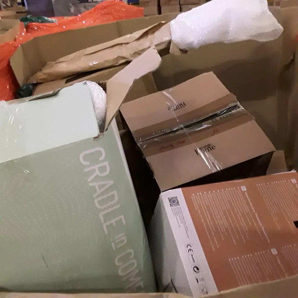 PALLET OF ASSORTED PRODUCTS INCLUDING GARMENT RACK, UNDER DESK ELLIPTICAL, SQUIRREL PROOF BIRD FEEDER, FOOTBALL ADVENT CALENDAR, MULTIFUNCTIONAL AIR OVEN, MATTRESS TOPPER 