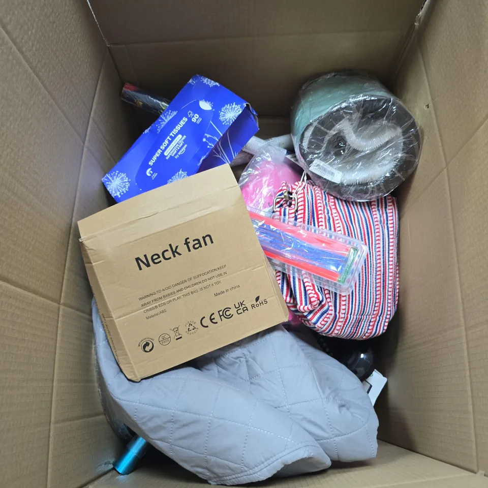 BOX OF APPROXIMATELY 12 ASSORTED HOUSEHOLD ITEMS INCLUDING NECK FAN , SUPER SOFT TISSUES AND BLACK & DECKER STRIMMER WIRE