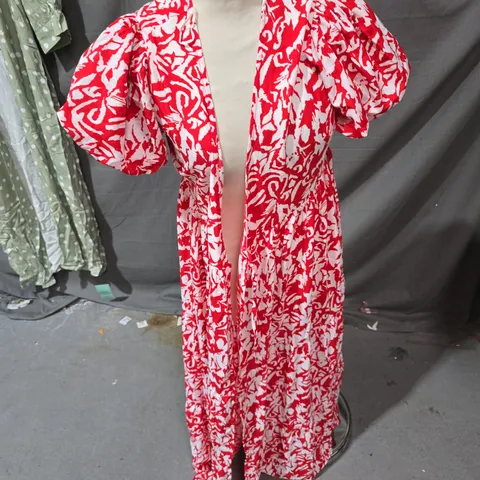 NEW LOOK WOMEN’S DRESS – RED/WHITE ABSTRACT PRINT, PUFF SLEEVES, UK 8 (EU 36, US 4)