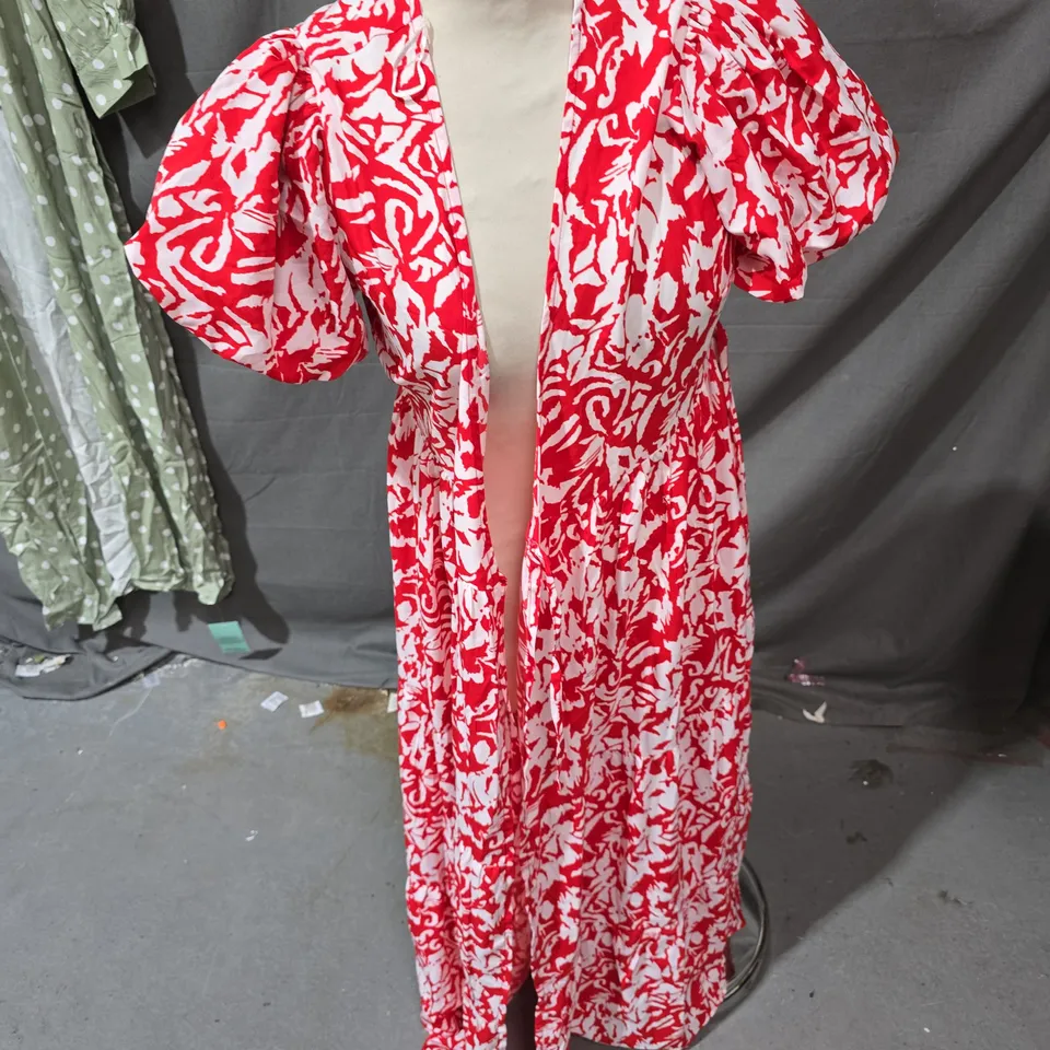 NEW LOOK WOMEN’S DRESS – RED/WHITE ABSTRACT PRINT, PUFF SLEEVES, UK 8 (EU 36, US 4)
