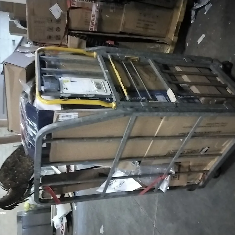 CAGE OF ASSORTED ITEMS TO INCLUDE KNITTING MACHINE, MEEDEN 10-DRAWER ARTIST SUPPLY STORAGE BOX, GETFIT PREMIUM AIR BED, NEWENTOR MATTRESS TOPPER, G4GADGET BOOK COVER FILM, BENKSTEIN TOILET SEAT 