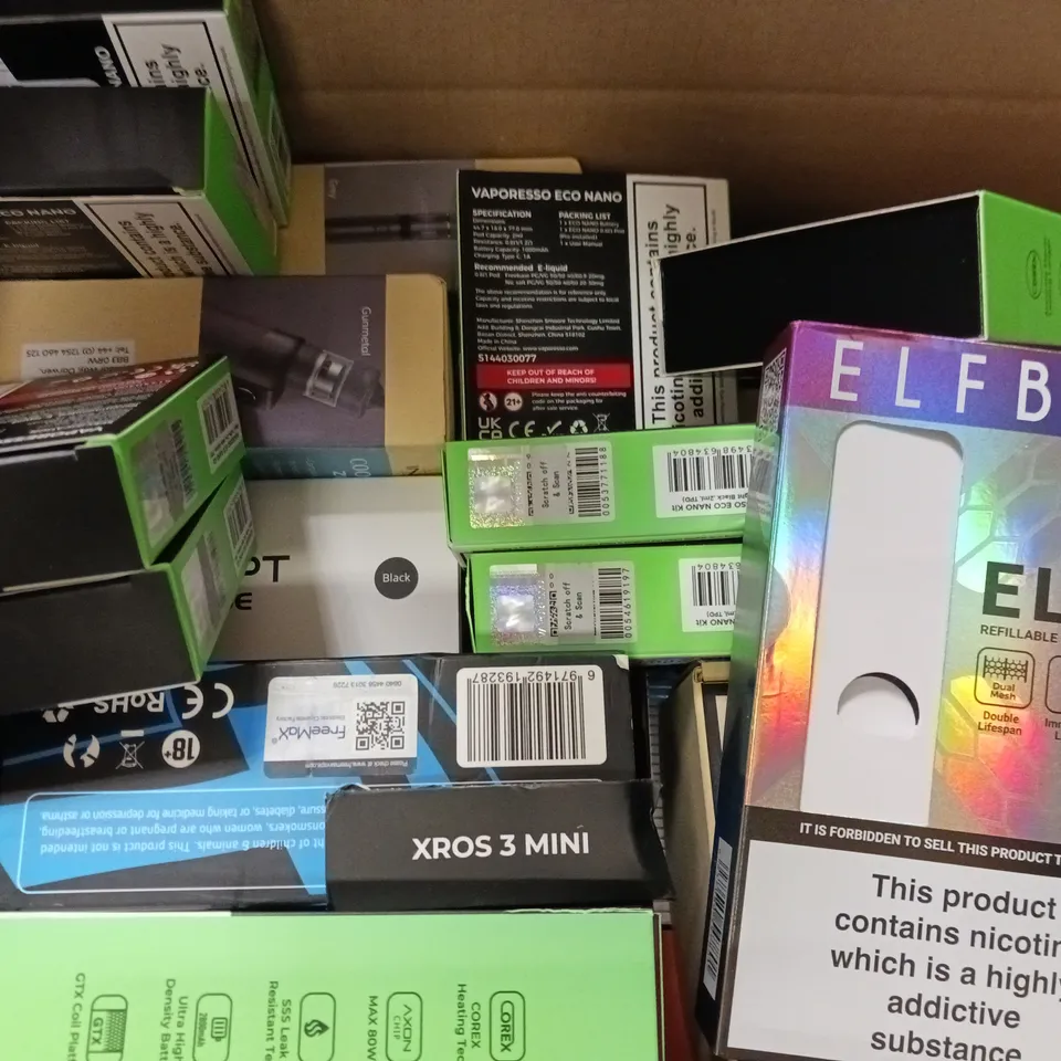 BOX OF APPROXIMATELY 18 ASSORTED E-CIGARETTES TO INCLUDE - ELFBAR , ASPIRE , VAPORESSO ETC