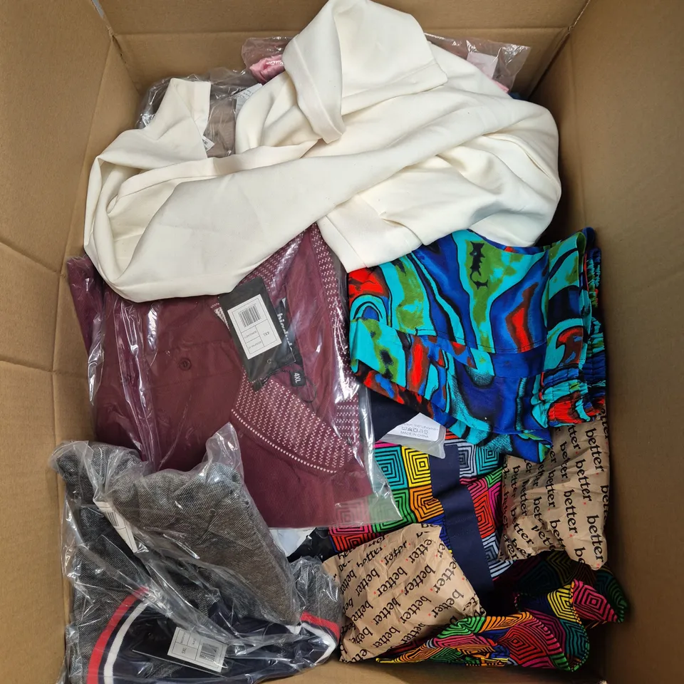 LARGE BOX OF ASSORTED CLOTHING ITEMS IN VARIOUS SIZES, STYLES AND COLOUR 