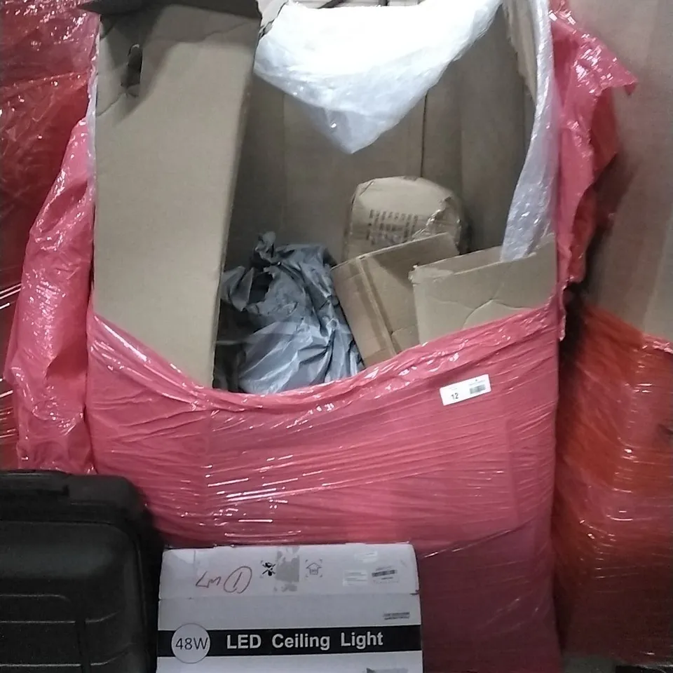 PALLET OF ASSORTED ITEMS TO INCLUDE: COMPOST SPREADER, LED CEILING LIGHT, KISEELY PORTABLE BATHTUB, LUGGAGE ETC