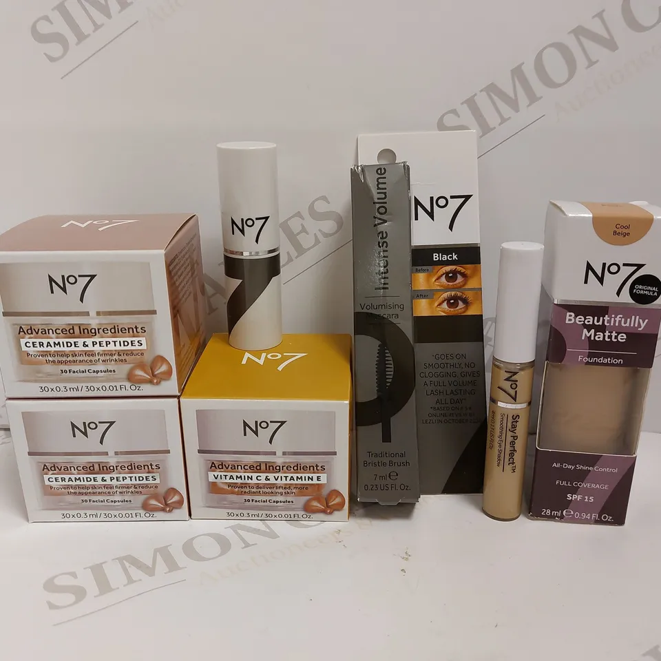 LOT OF APPROX 7 ASSORTED NO.7 PRODUCTS TO INCLUDE INTENSE VOLUME MASCARA, BEAUTIFULLY MATTE FOUNDATION 28ML - COOL BEIGE, STAY PERFECT SMOOTHING EYE SHADOW, ETC