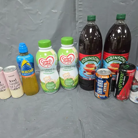 APPROXIMATELY 10 ASSORTED DRINK ITEMS TO INCLUDE - LUCOZADE, COW&GATE MILK, AND ROBINSONS SQUASH ETC.