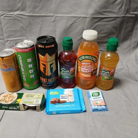TWELVE ASSORTED PRODUCTS TO INCLUDE; ROBINSONS FRUIT SHOOT, BCAA REIGN TOTAL BODY FUEL, CHOCOMEL AND TICTACS