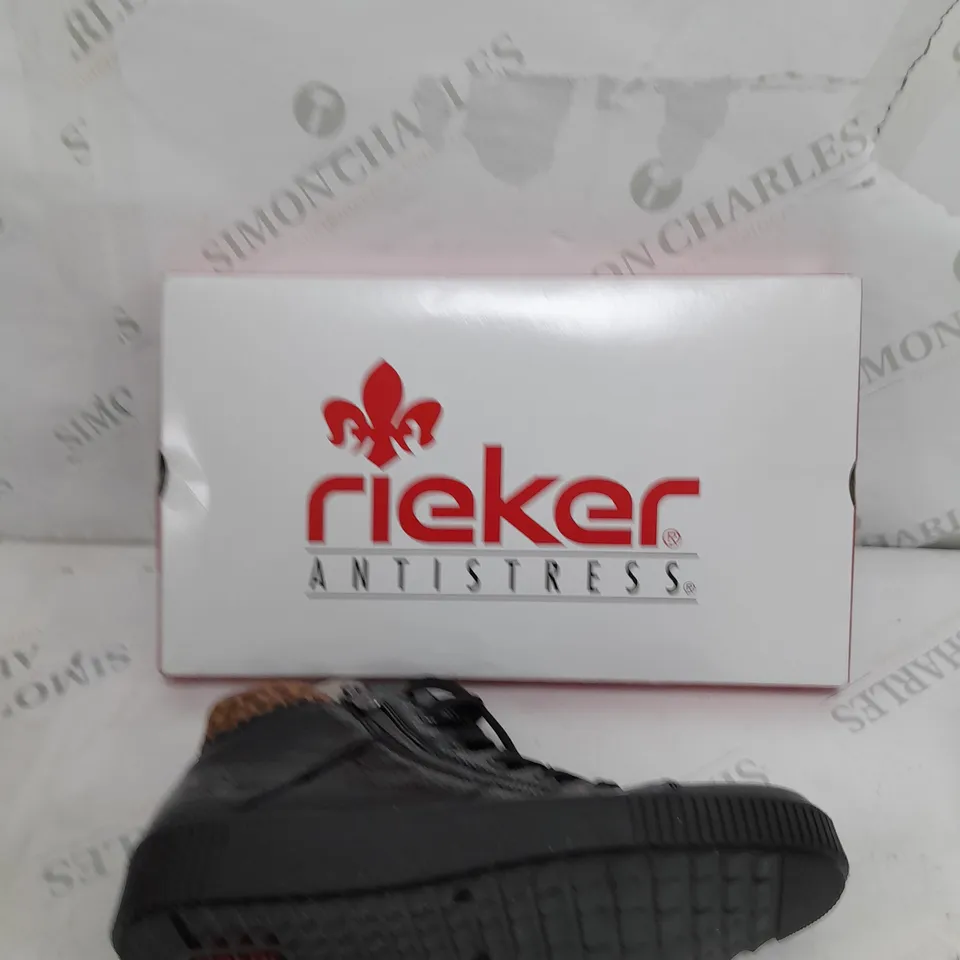 BOXED PAIR OF RIEKER HIGH TOP CUFFED TRAINERS IN BLACK - SIZE 7.5