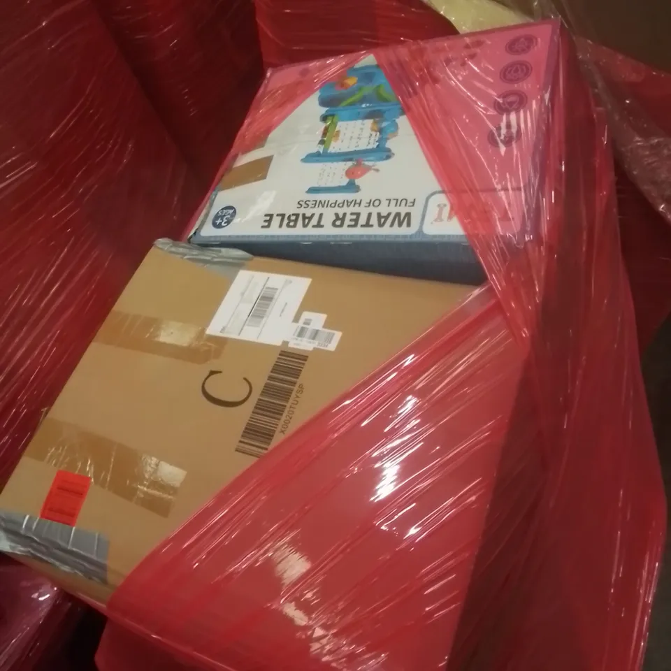 PALLET OF ASSORTED HOUSEHOLD GOODS AND FURNITURE TO INCLUDE; WATER TABLE, GAMING CHAIR, AIR FRYER ETC 