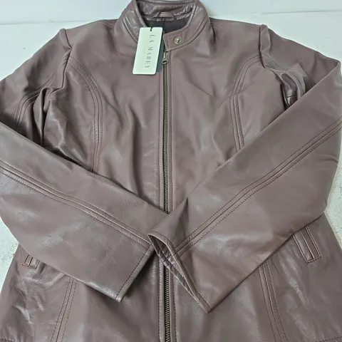 LA MAREY SIGNATURE ZIP UP LEATHER JACKET, BROWN - SIZE M