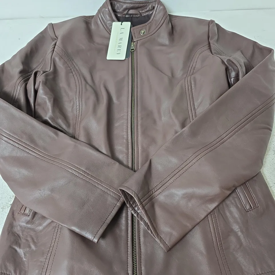 LA MAREY SIGNATURE ZIP UP LEATHER JACKET, BROWN - SIZE M
