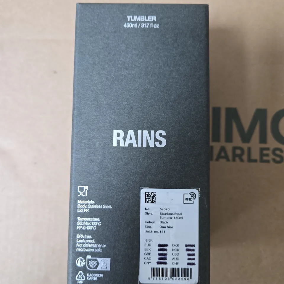 RAINS 450ML STAINLESS STEEL TUMBLER – BLACK (BOXED)