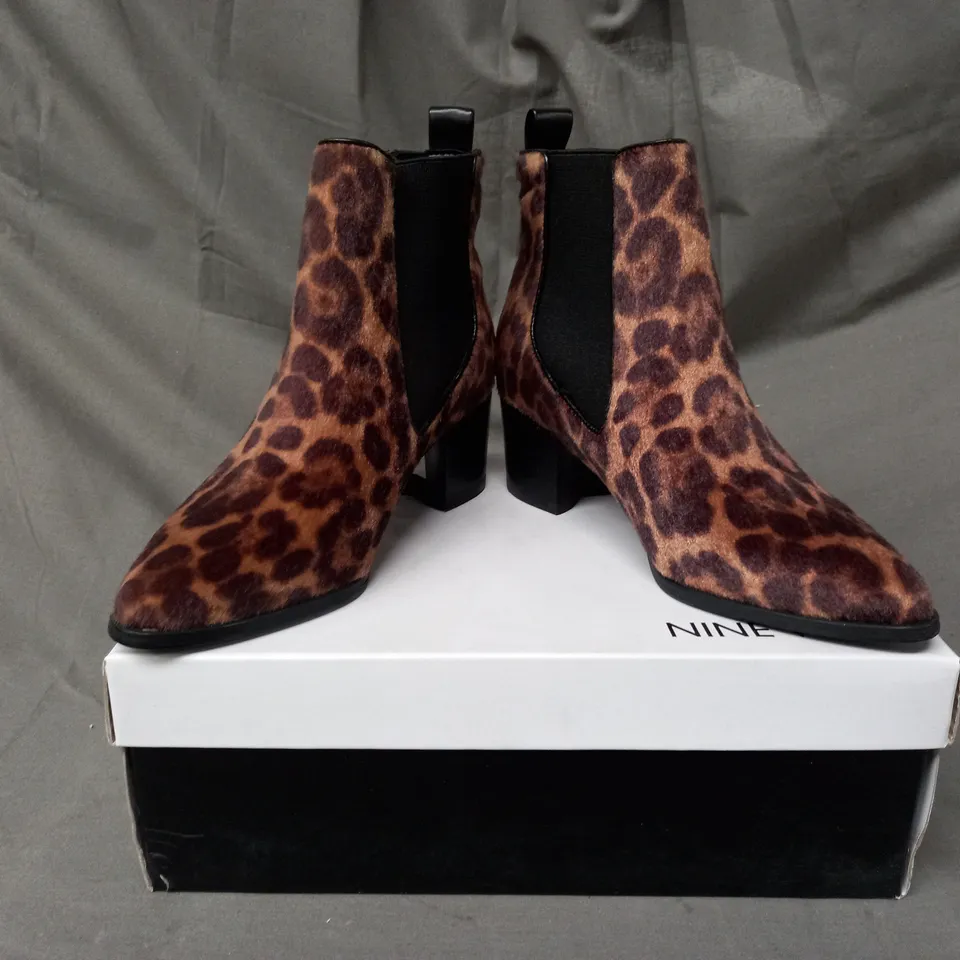BOXED PAIR OF NINE WEST TAYE SYNTHETIC ANKLE BOOTS IN ANUMAL PRINT EU SIZE 35