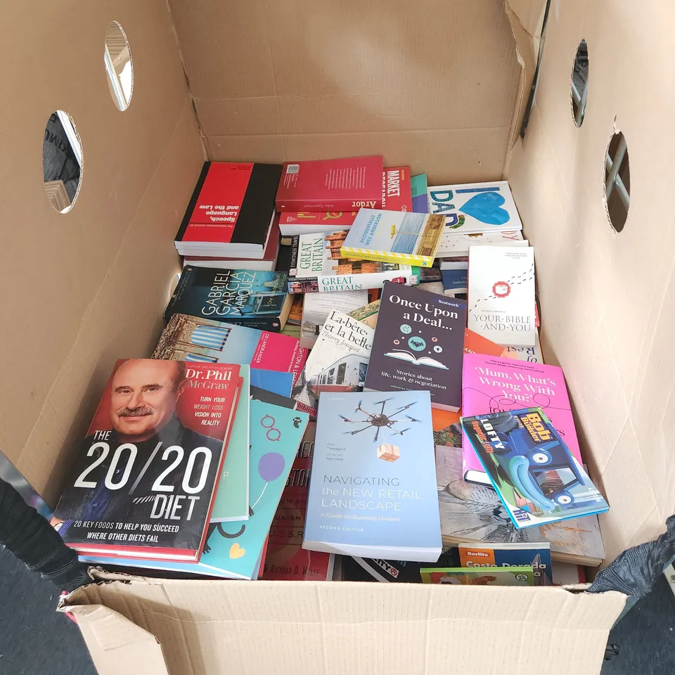 CAGE OF A SIGNIFICANT QUANTITY OF ASSORTED BOOKS BY MAX GLADSTONE, TATSUKI FUJIMOTO, CAITLIN MORAN, JULIA QUINN, ROBERT GREENE, REBECCA BIRELL, ETC