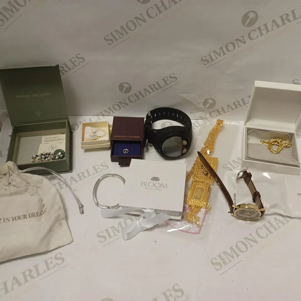 LARGE QUANTITY OF ASSORTED JEWELLERY TO INCLUDE: NECKLACES, RINGS, WATCHES, EARRINGS FROM BLOOM, MONICA VINADER, SORU, ETC