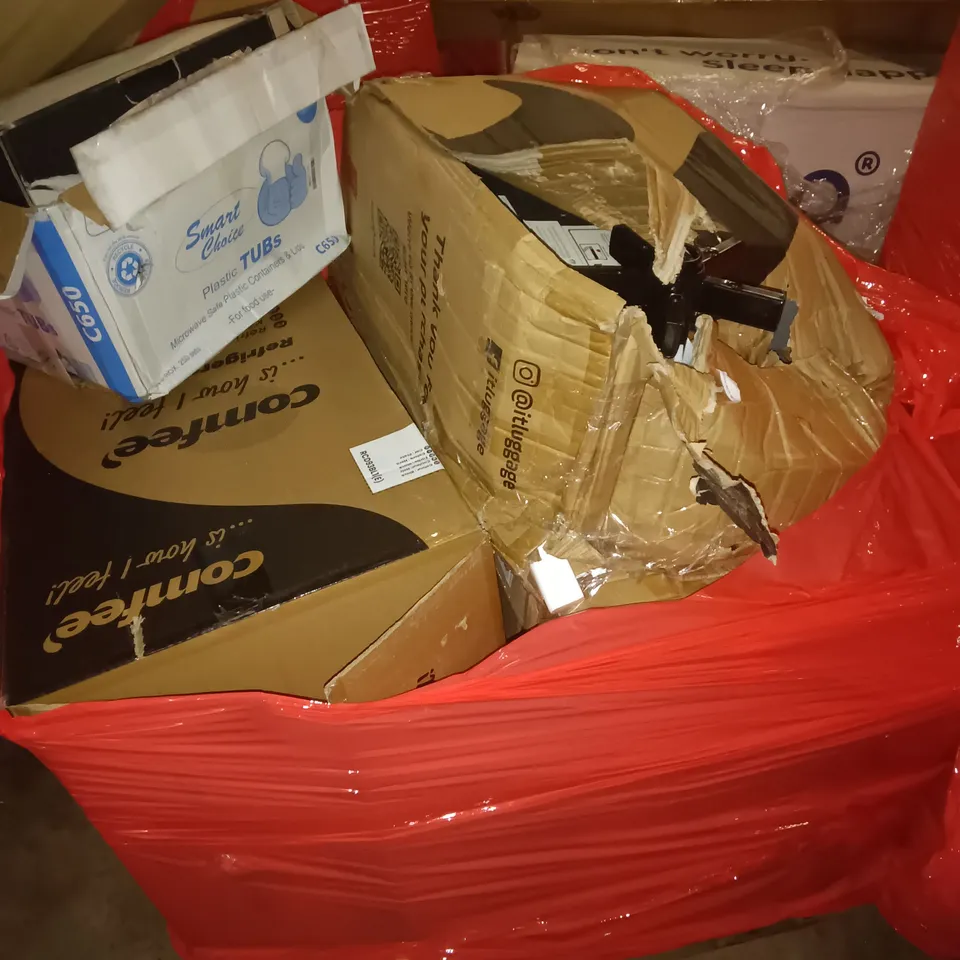PALLET OF ASSORTED ITEMS TO INCLUDE OFFICE CHAIR AND BOXED REFRIGERATOR 