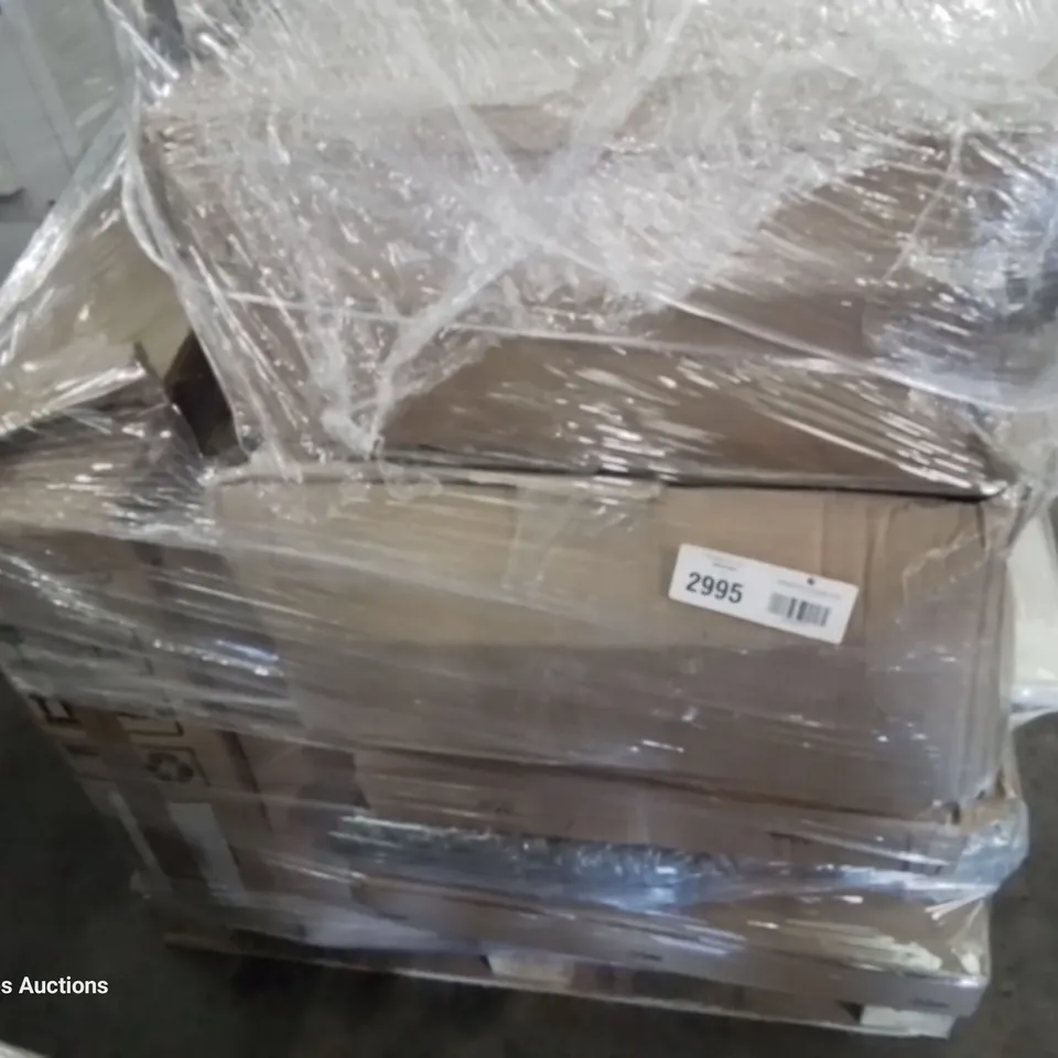 PALLET OF ASSORTED BOXED KITCHEN & BEDROOM UNITS,  INCLUDING, MODULAR WHITE INTERNAL DOUBLE ROBE DRAWER, PULL & SWING CORNER UNIT, NEBRASKA OAK TALL UNIT, LINEN 800 MIRROR CABINET.