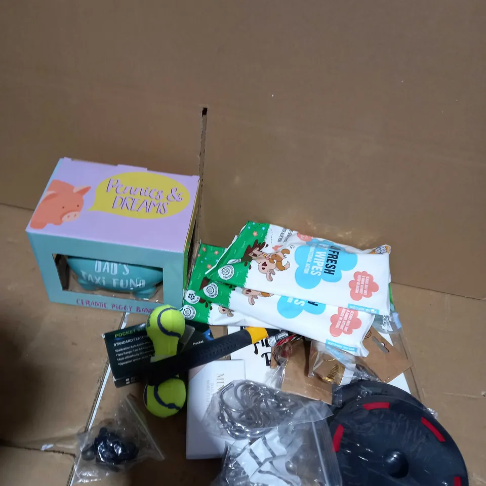 LOT OF ASSORTED HOUSEHOLD ITEMS TOO INCLUDE DOG TOYS AND TOOLS