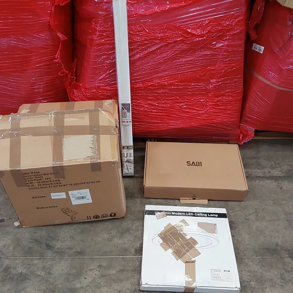 PALLET OF ASSORTED CONSUMER PRODUCTS TO INCLUDE: BAR CHAIR, LED CEILING LAMP, LAPTOP TRAY, ROLLER BLINDS ECT