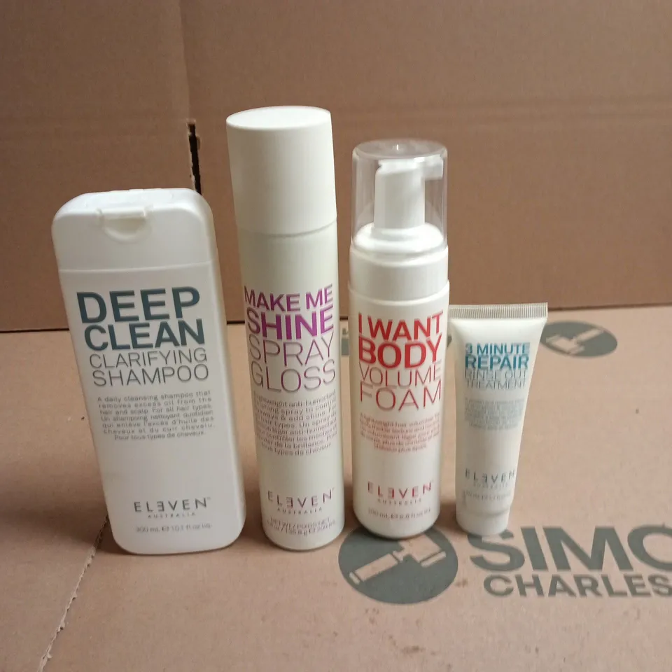 BOX OF APPROXIMATELY 25 ELEVEN HAIRCARE PRODUCTS TO INCLUDE 3 MINUTE REPAIR TREATMENT, DEEP CLEAN CLARIFYING SHAMPOO AND I WANT BODY VOLUME FOAM