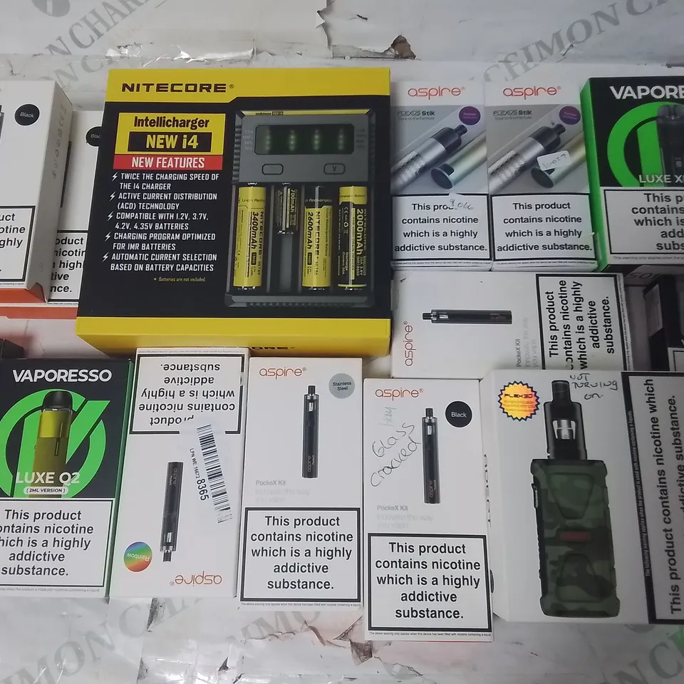 LOT OF ASSORTED E-CIGS AND PARTS TO INCLUDE VAPORESSO, OXVA AND ASPIRE