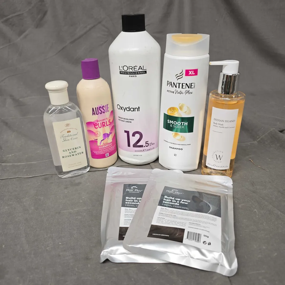 APPROXIMATELY 20 ASSORTED HEALTH & BEAUTY PRODUCTS TO INCLUDE AUSSIE BOUNCY CURLS SHAMPOO, INDIAN ISLAND BODY WASH AND HAIR PLUS FIBRES