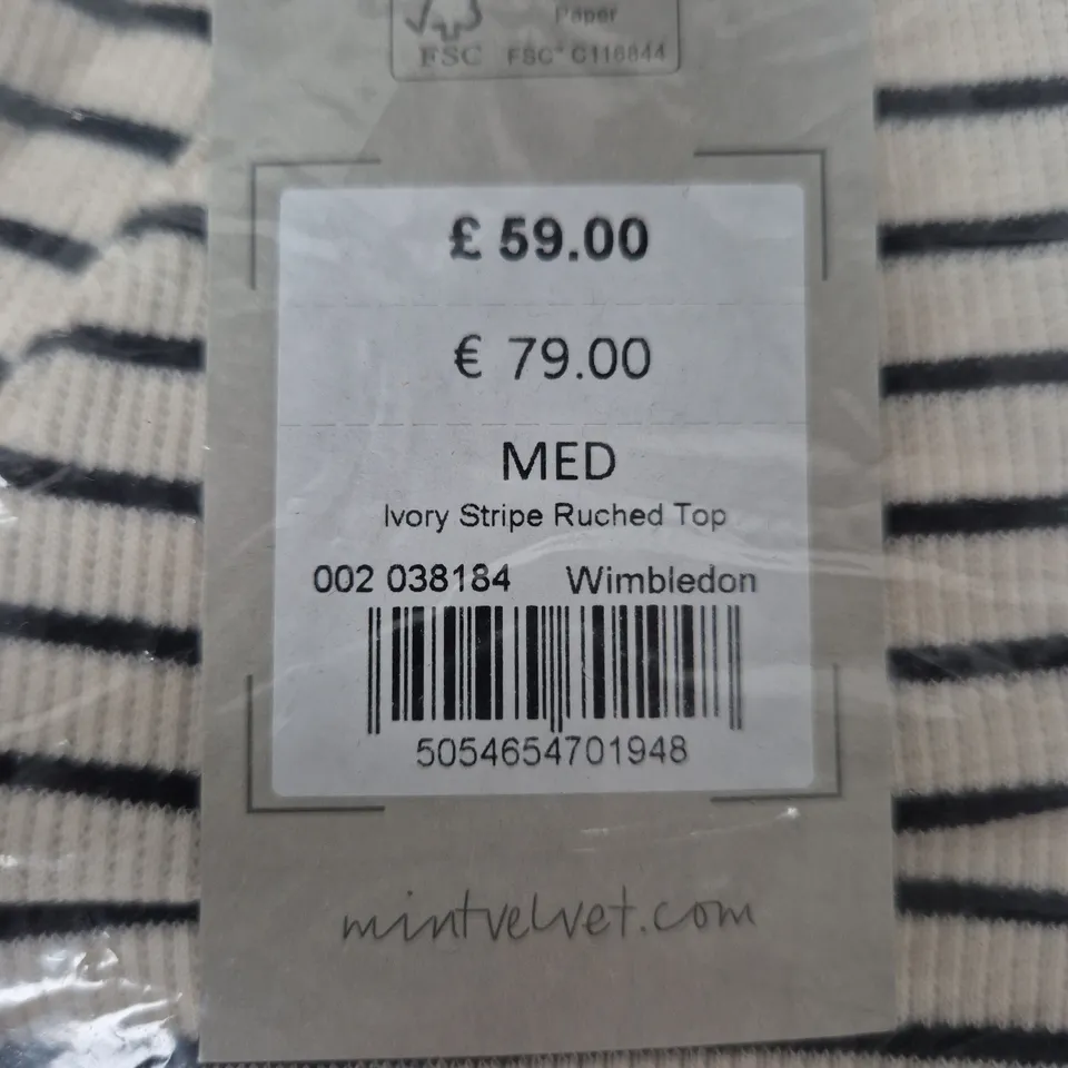 MINT VELVET IVORY STRIPE RUCHED TOP – UK SIZE M (MEDIUM)