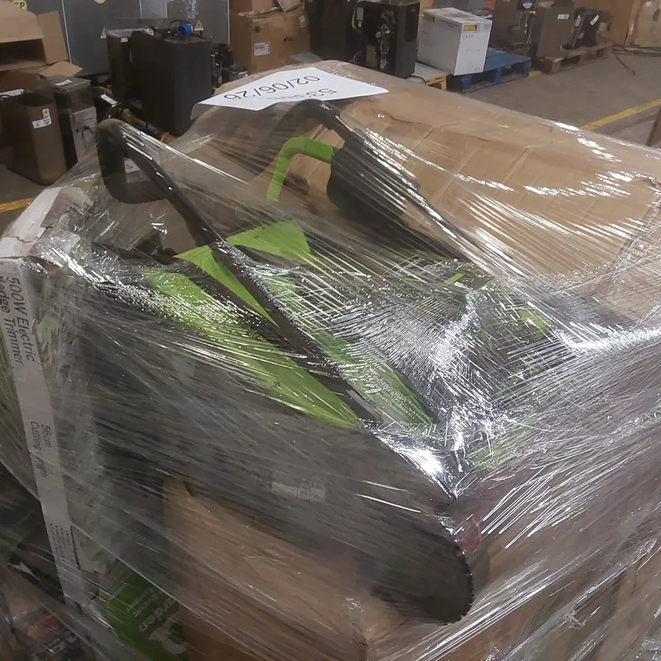 PALLET CONTAINING A LARGE QUANTITY OF ASSORTED GARDENING TOOLS INCLUDING: WEBB ELECTRIC LAWNMOWER, DUMP CART, TOWED GARDEN ROLLER, 500W ELECTRIC HEDGE TRIMMER ECT