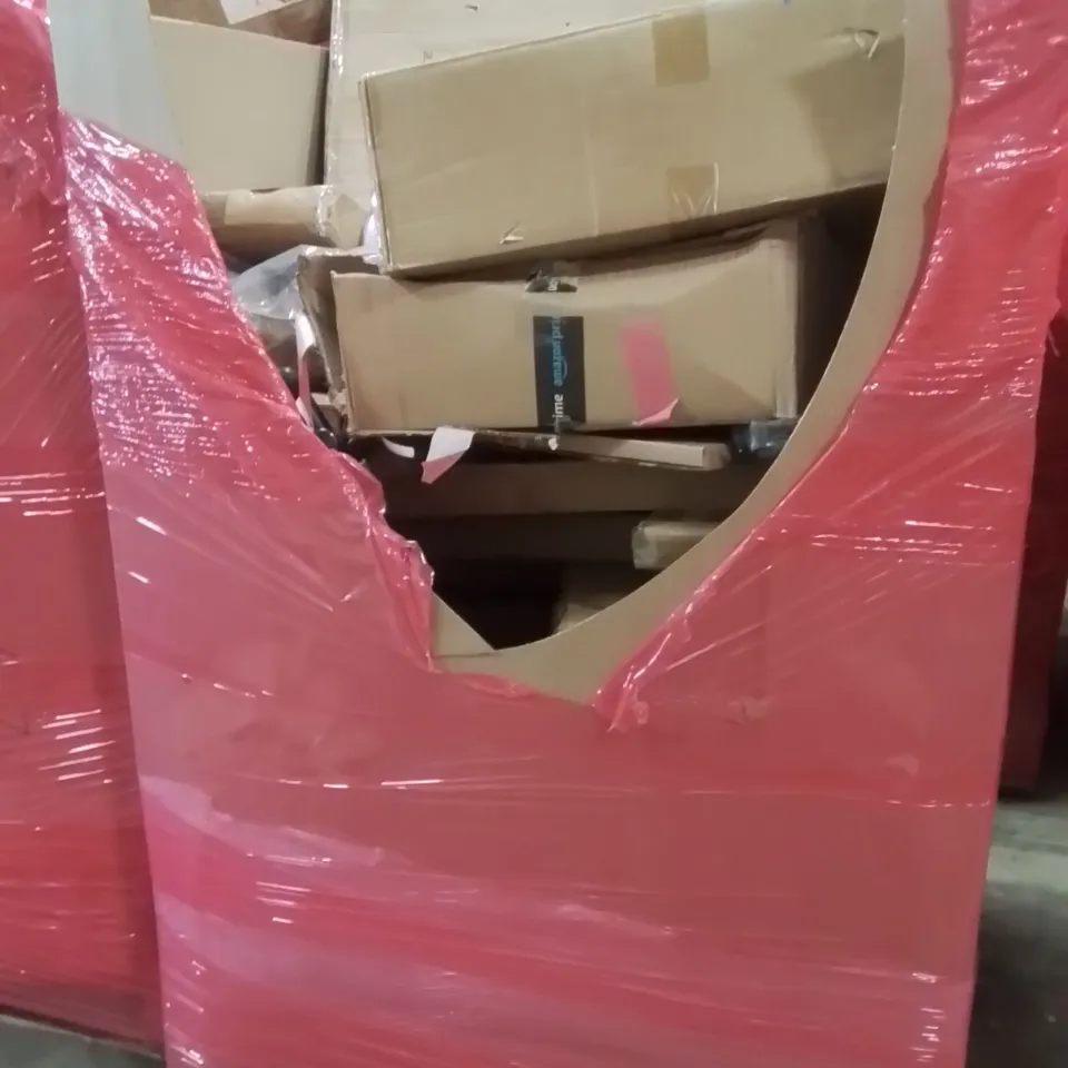 PALLET CONTAINING VARIOUS ASSORTED BOXED HOUSEHOLD ITEMS TO INCLUDE: EXTERNAL PET GATE, 4 LITRE DRINKS DISPENSER,  LARGE RUG AND LOTS MORE UNMARKED BOXED ITEMS 