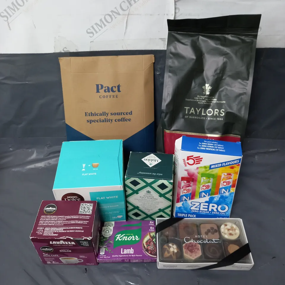 APPROXIMATELY 10 ASSORTED FOOD & DRINK ITEMS TO INCLUDE - HIGH5 ELECTROLYTE DRINK - TAYLORS ENGLISH BREAKFAST TEA - PACT COFFEE BEANS - ETC