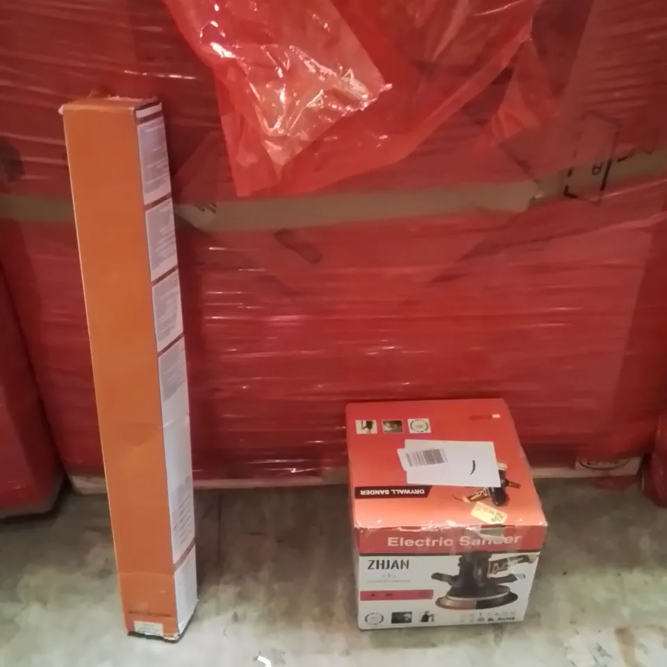 PALLET OF ASSORTED HOUSEHOLD GOODS AND PRODUCTS TO INCLUDE;ELECTRIC SANDER,RETRACTABLE SAFETY GATE 