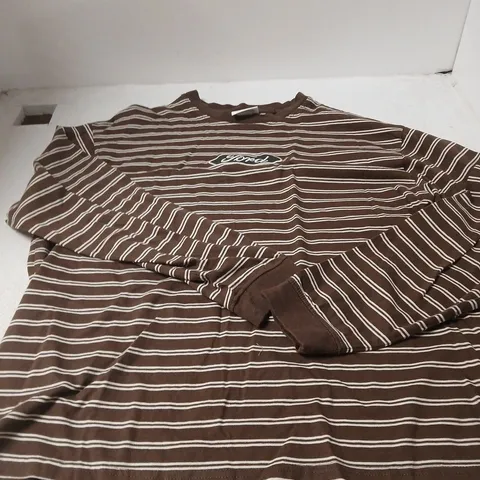 PULL & BEAR STRIPED BROWN LONG-SLEEVE TOP WITH FORD LOGO, UK SIZE L