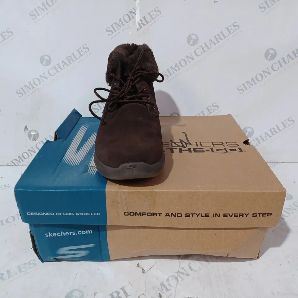 BOXED SKECHERS GO WALK STABILITY SUEDE BOOTS, CHOCOLATE - SIZE 6
