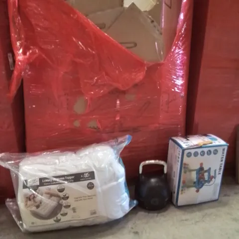 PALLET OF ASSORTED HOUSEHOLD GOODS AND PRODUCTS TO INCLUDE;MATTRESS TOPPER,DUMBBELL,WATER TABLE 