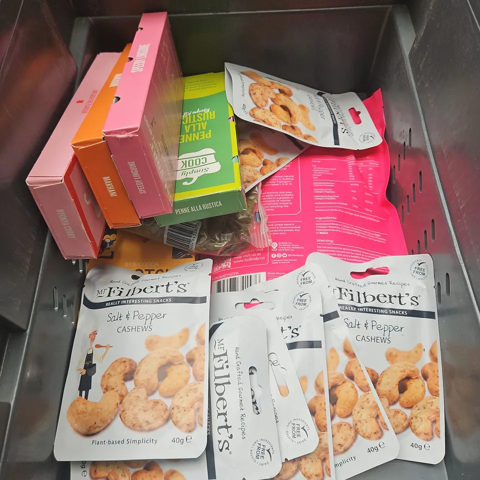 APPROXIMATELY 15 ASSORTED FOOD ITEMS TO INCLUDE - CADBURY CREME EGG, TONY'S CHOCOLONELY, MONTEZUMA'S HOT PICKLE, ETC