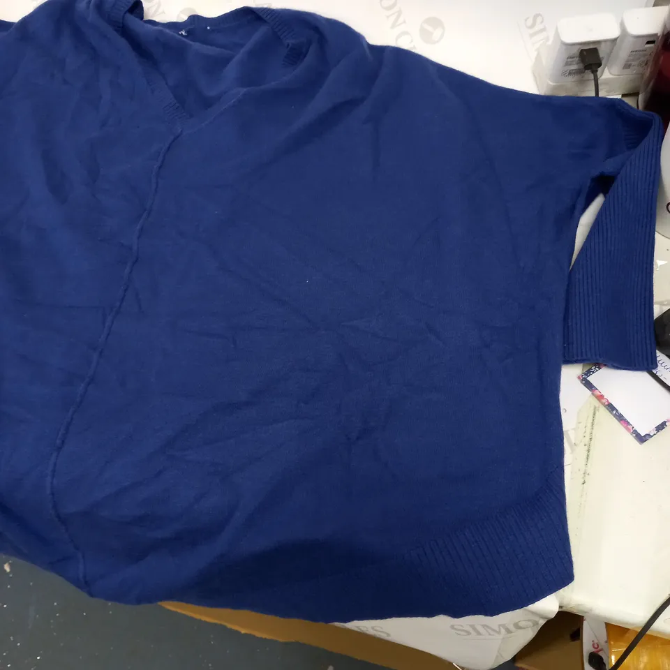 WOOLLEN V NECK MID-BLUE PONCHO-CUT SWEATER - ALL LABELS CUT OUT, APPROX. UK SIZE 16-18