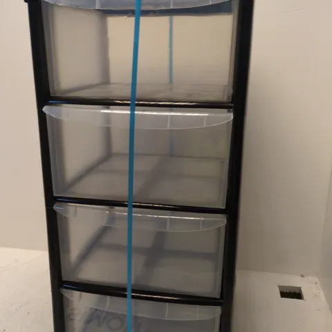 4-DRAWER PLASTIC STORAGE CABINET ON BLACK FRAME WITH CLEAR DRAWERS – DAMAGED TOP CORNER
