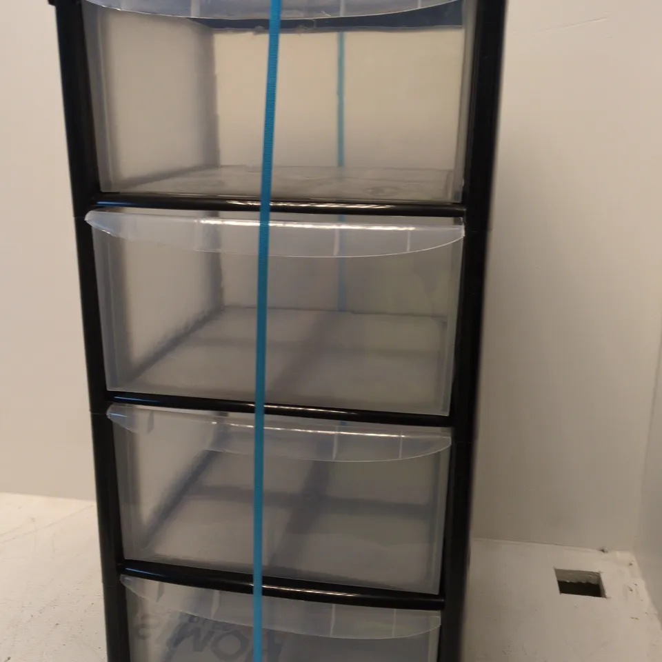 4-DRAWER PLASTIC STORAGE CABINET ON BLACK FRAME WITH CLEAR DRAWERS – DAMAGED TOP CORNER