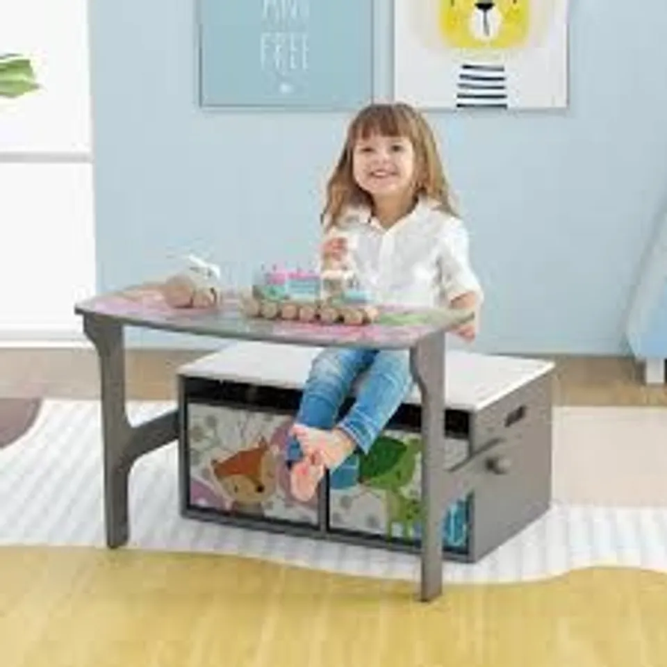 BOXED COSTWAY 3 IN 1 KIDS CONVERTIBLE ACTIVITY BENCH WITH 2 REMOVABLE FABRIC BINS - GREY