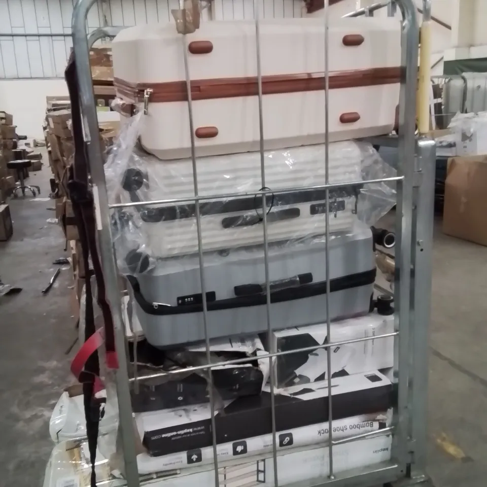 CAGE OF ASSORTED HOUSEHOLD GOODS AND PRODUCTS TO INCLUDE;SUITCASES,PREMIUM LEAF BLOWERS,SHOERACKS