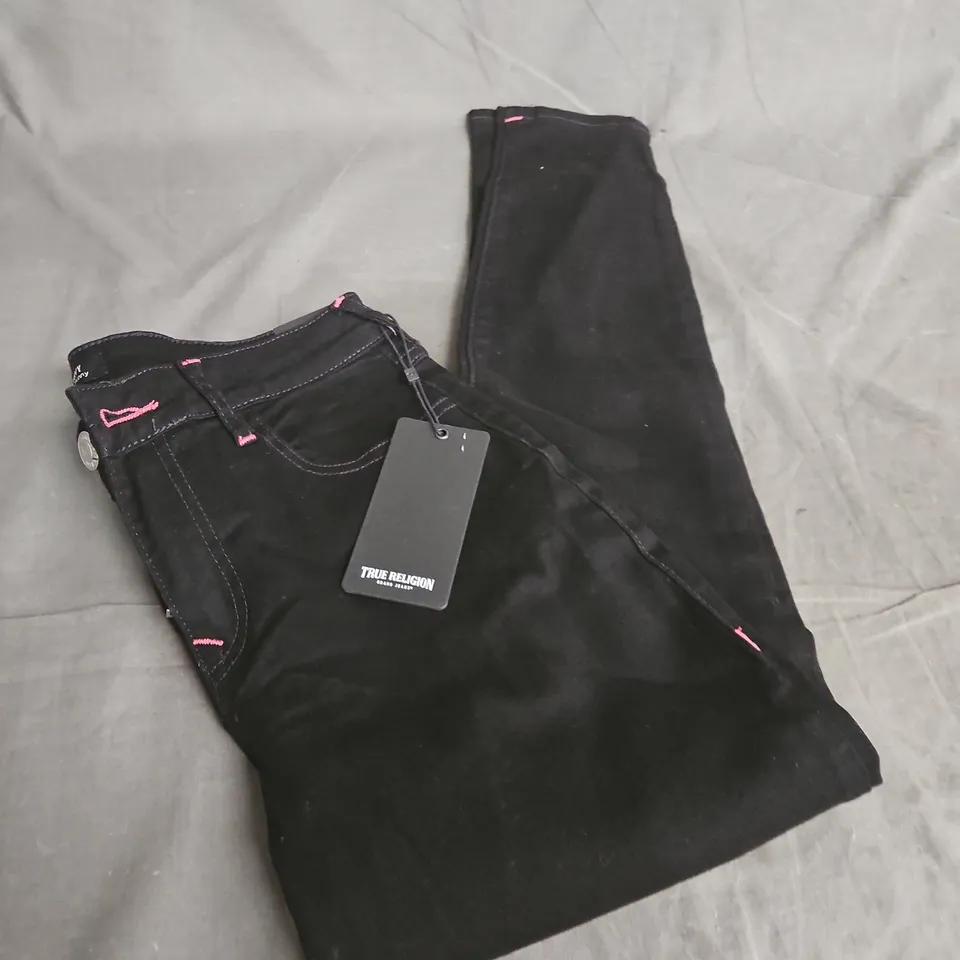 TRUE RELIGION JEANS – BLACK FLAP SKINNY, UK 8 (US 27)