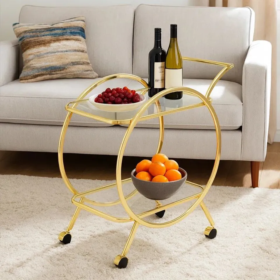 2 TIER TEA WINE SERVING CART FOR KITCHEN, 81.5CM DRINKS METAL AND TEMPERED GLASS BAR TROLLEY - GOLD