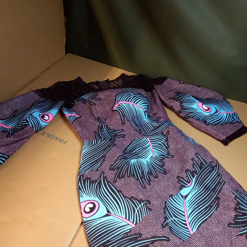 DESIGNER BROWN/TEAL PRINT CURVED MAXI DRESS 