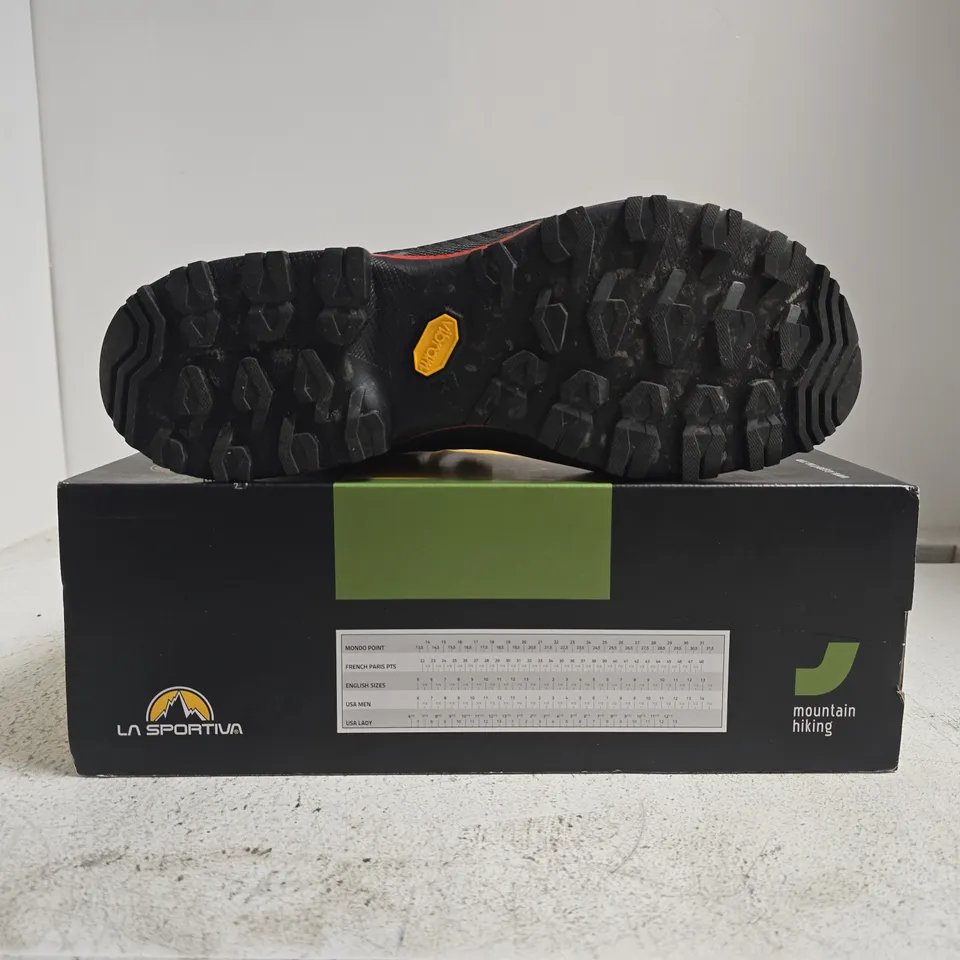 BOXED PAIR OF LA SPORTIVA HIKING SHOES IN SAGE/BLACK/RED SIZE UK 10