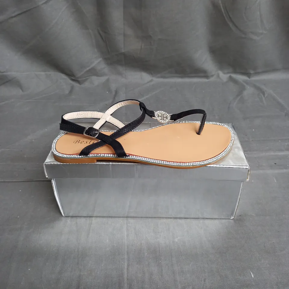 BOX OF 12 PAIRS OF BESTELLE STRAP SANDALS IN BLACK RHINESTONE - VARIOUS SIZES
